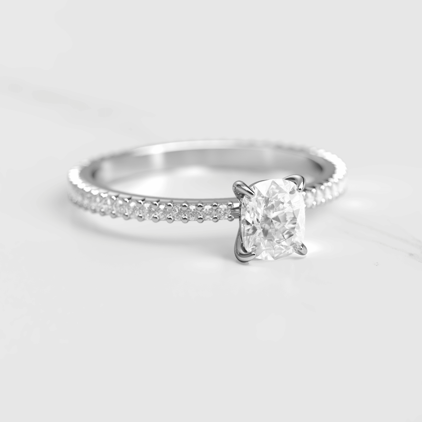 Cushion-Cut Tapered Diamond with Full Pave Gold Ring