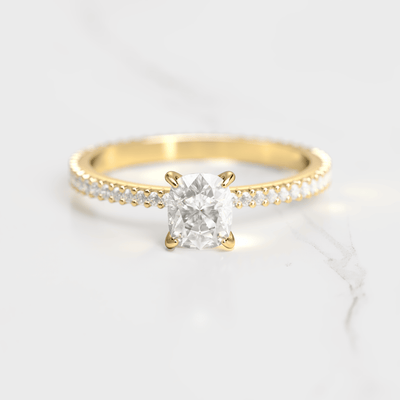 Cushion-Cut Tapered Diamond with Full Pave Gold Ring