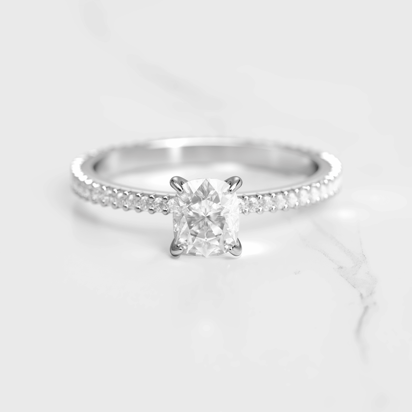 Cushion-Cut Tapered Diamond with Full Pave Gold Ring