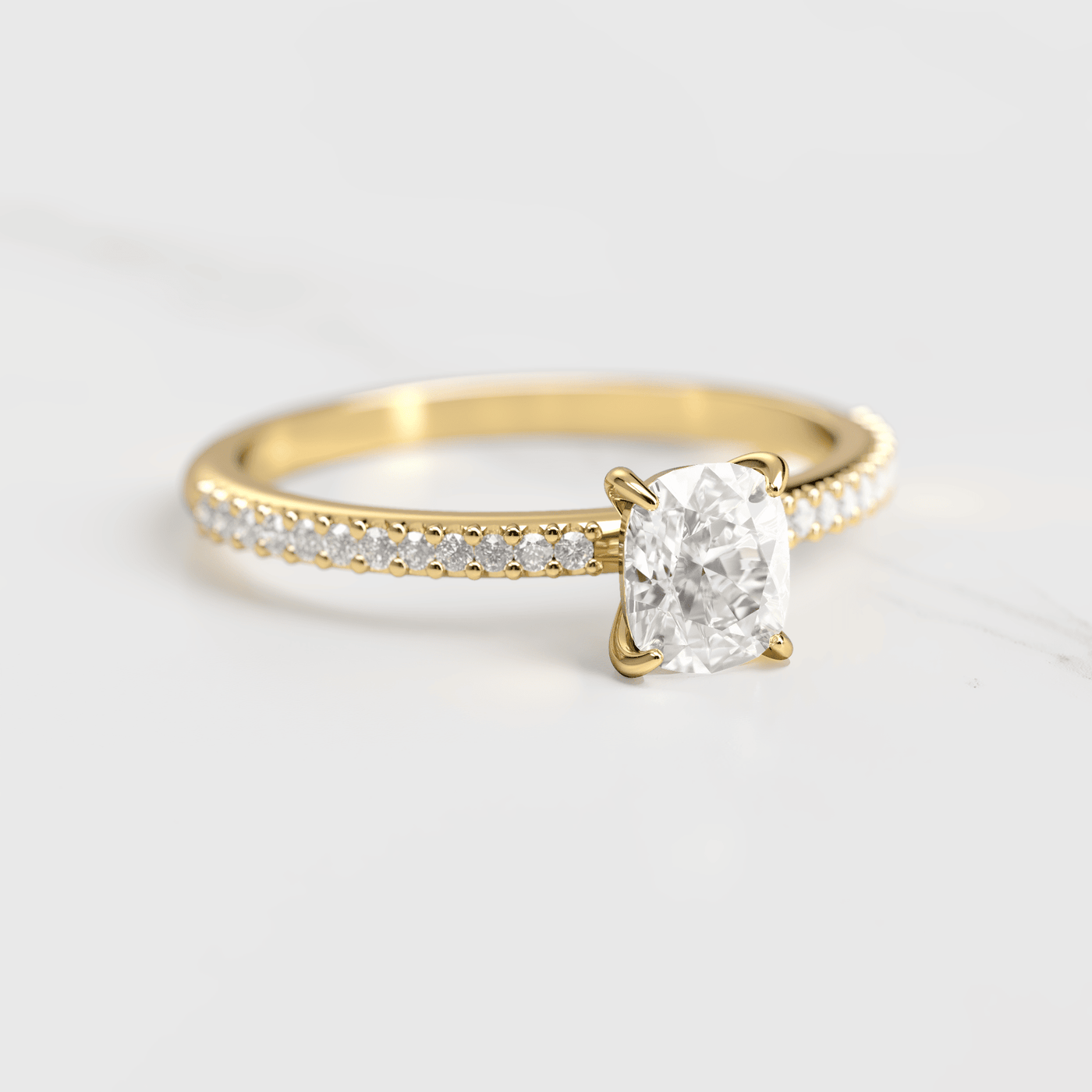 Cushion-Cut Diamond with Half Pave Gold Ring