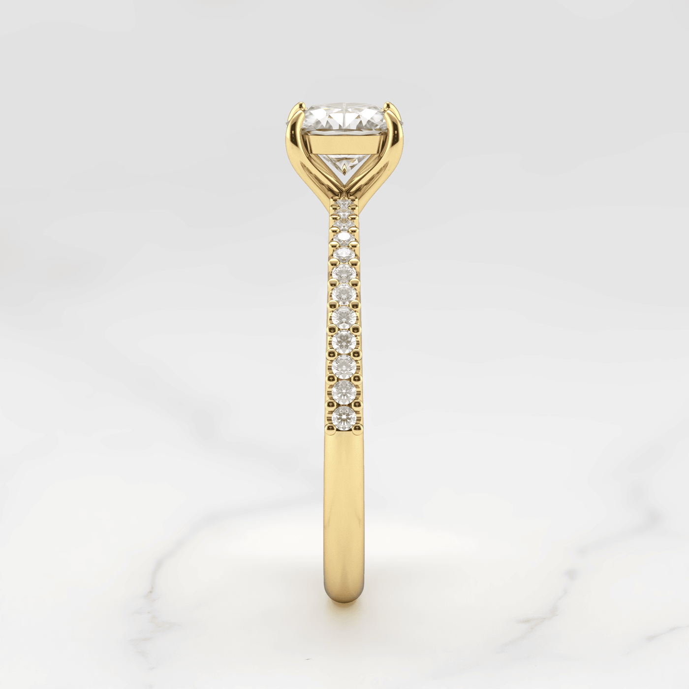 Cushion-Cut Tapered White Diamond with Half Pave Gold Ring