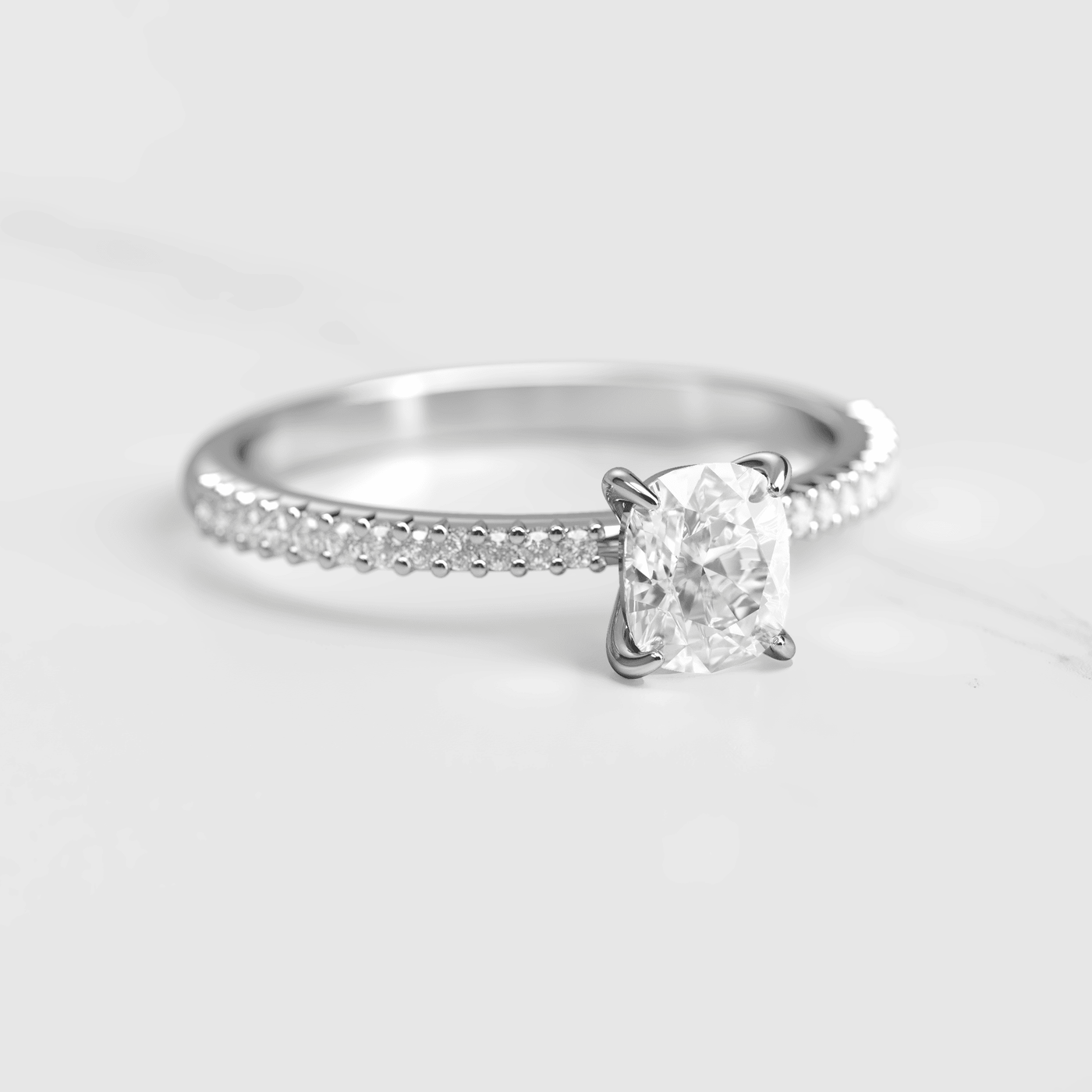 Cushion-Cut Tapered White Diamond with Half Pave Gold Ring