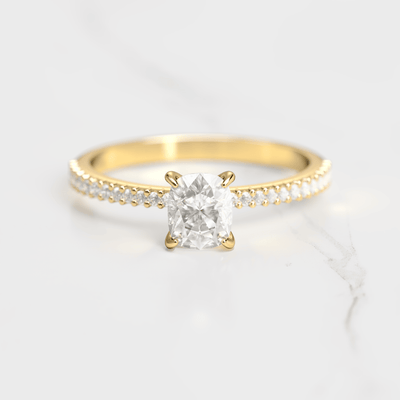 Cushion-Cut Tapered White Diamond with Half Pave Gold Ring