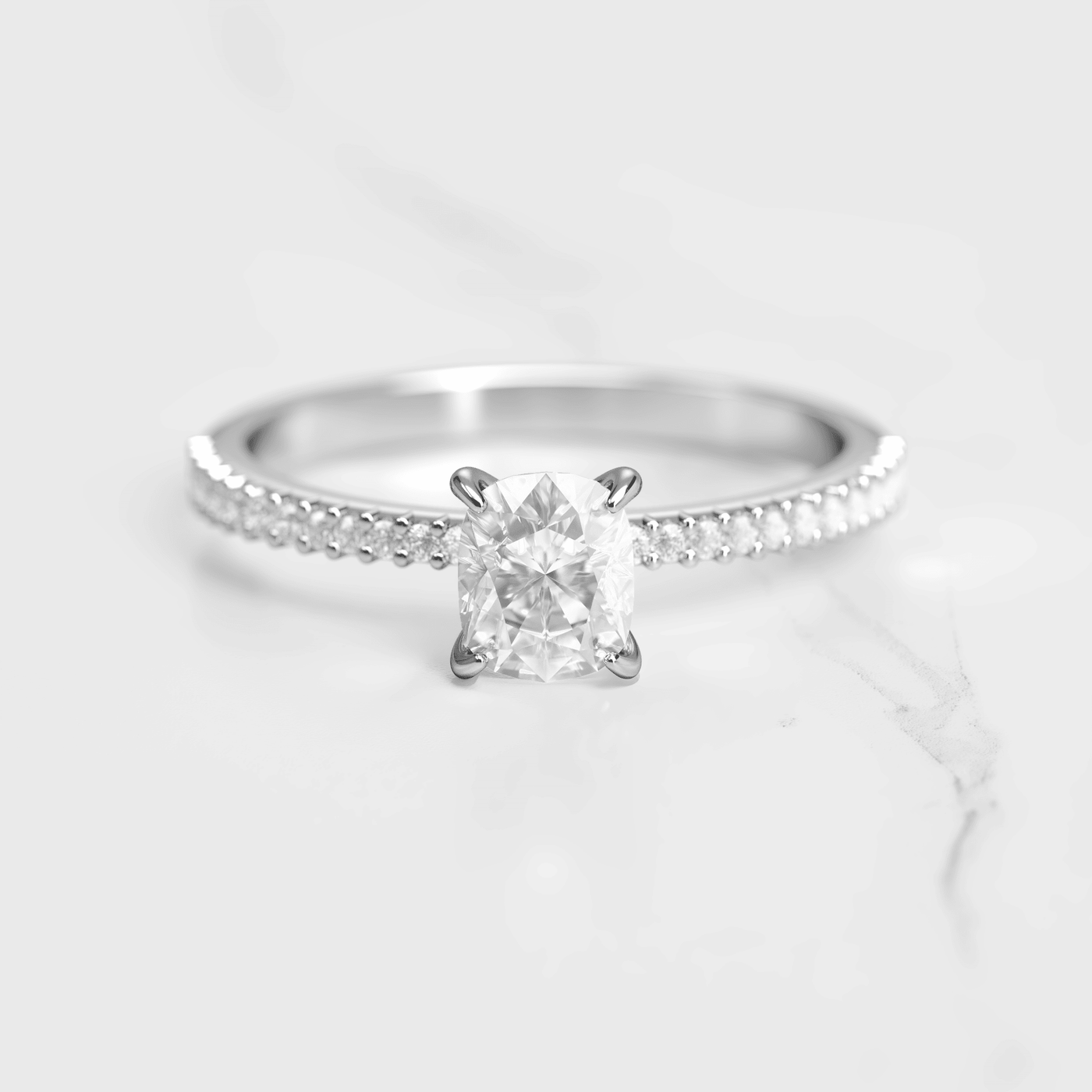 Cushion-Cut Tapered White Diamond with Half Pave Gold Ring