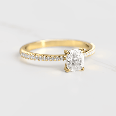 Cushion-Cut Tapered White Diamond with Half Pave Gold Ring