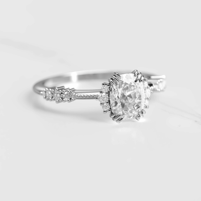 Unique Cushion-Cut White Diamond Engagement Prong Ring with Side Round Diamonds