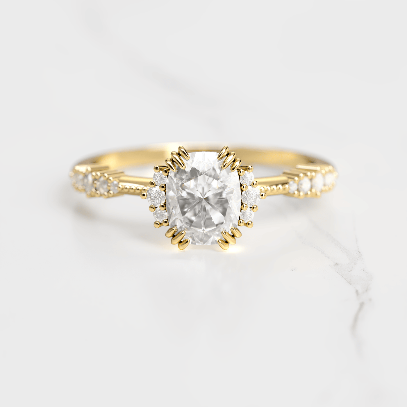 Unique Cushion-Cut White Diamond Engagement Prong Ring with Side Round Diamonds