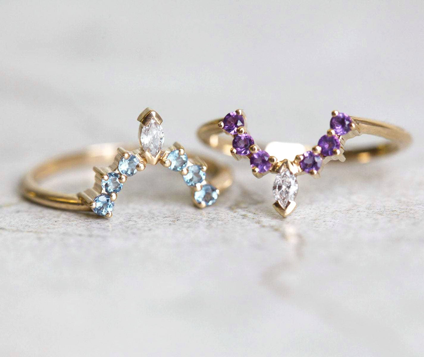 Curved Blue and Purple Gemstone Wedding Bands