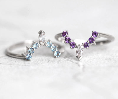 White Gold Curved Blue and Purple Gemstone Wedding Bands