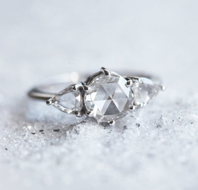 3-Stone Round White Diamond Ring with 2 Side Trillion Cut White Diamonds
