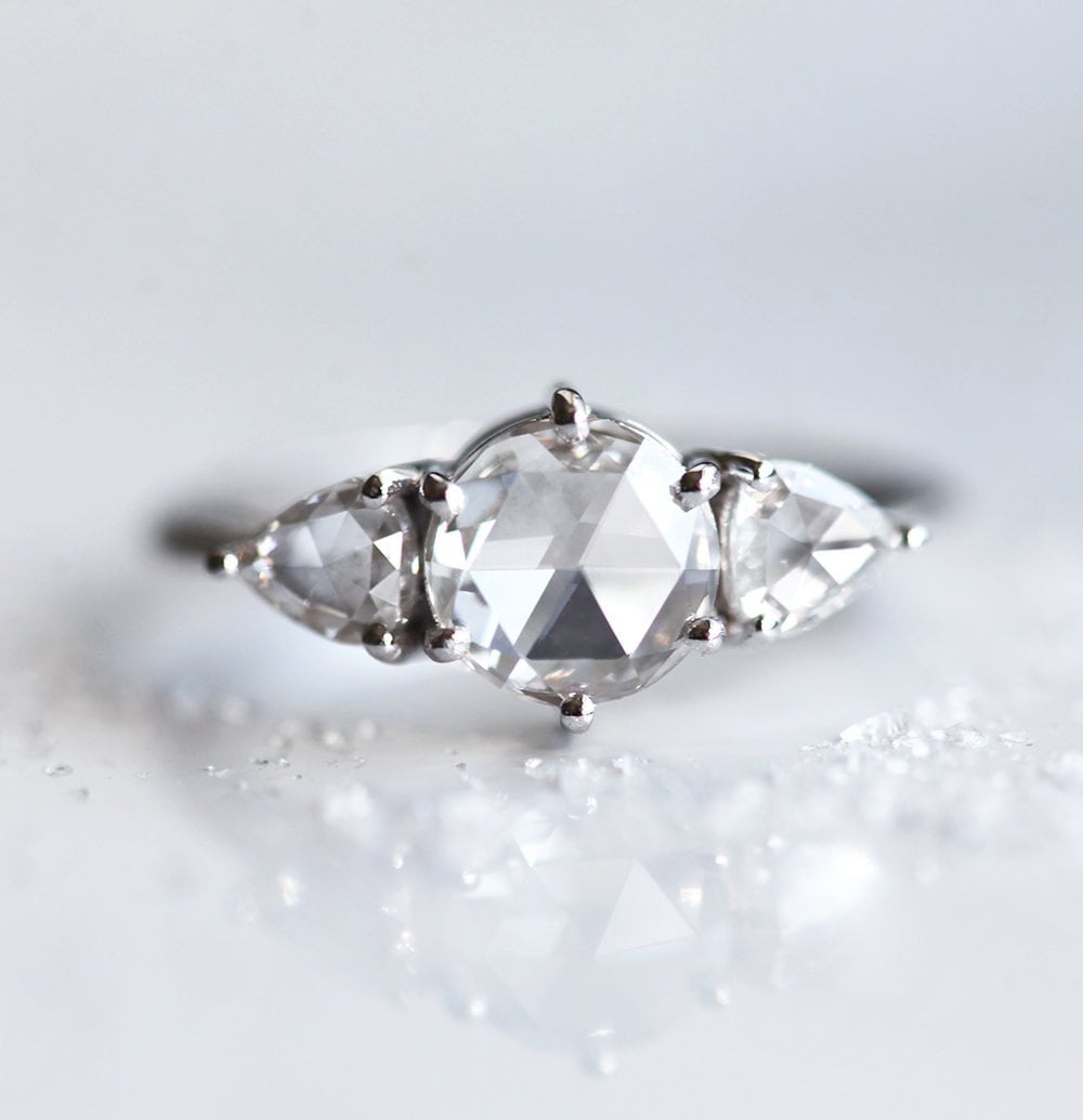 3-Stone Round White Diamond Ring with 2 Side Trillion Cut White Diamonds