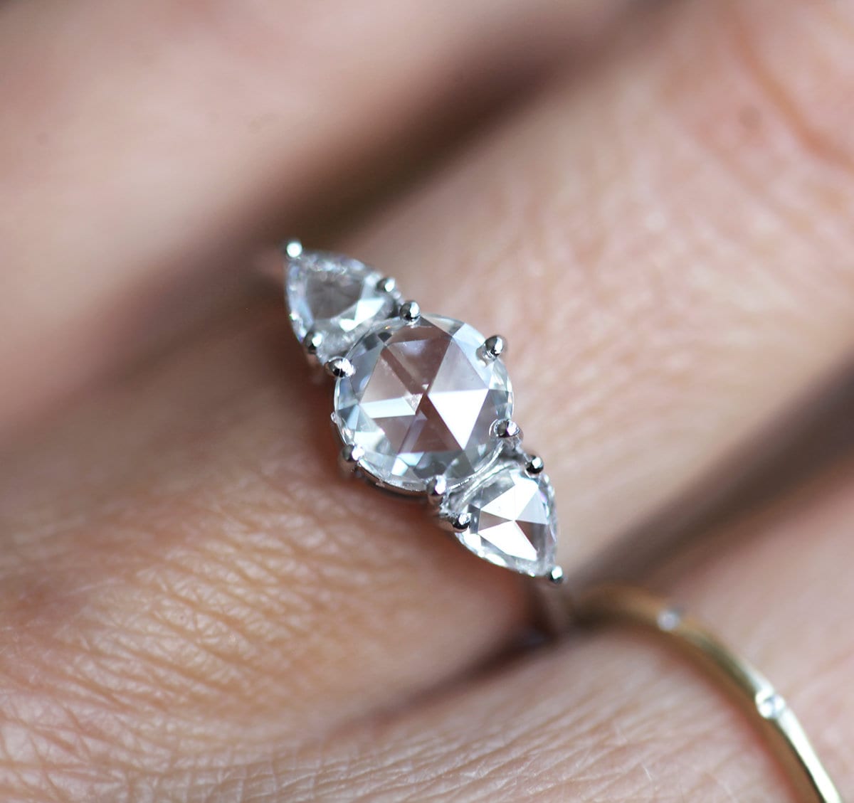 3-Stone Round White Diamond Ring with 2 Side Trillion Cut White Diamonds