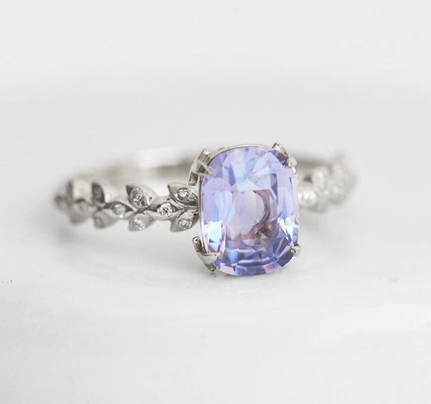 Cushion-cut lavender sapphire ring with side diamonds