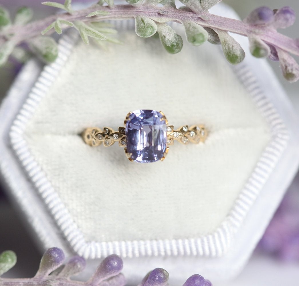 Cushion-cut lavender sapphire ring with side diamonds