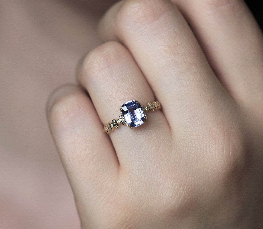 Cushion-cut lavender sapphire ring with side diamonds