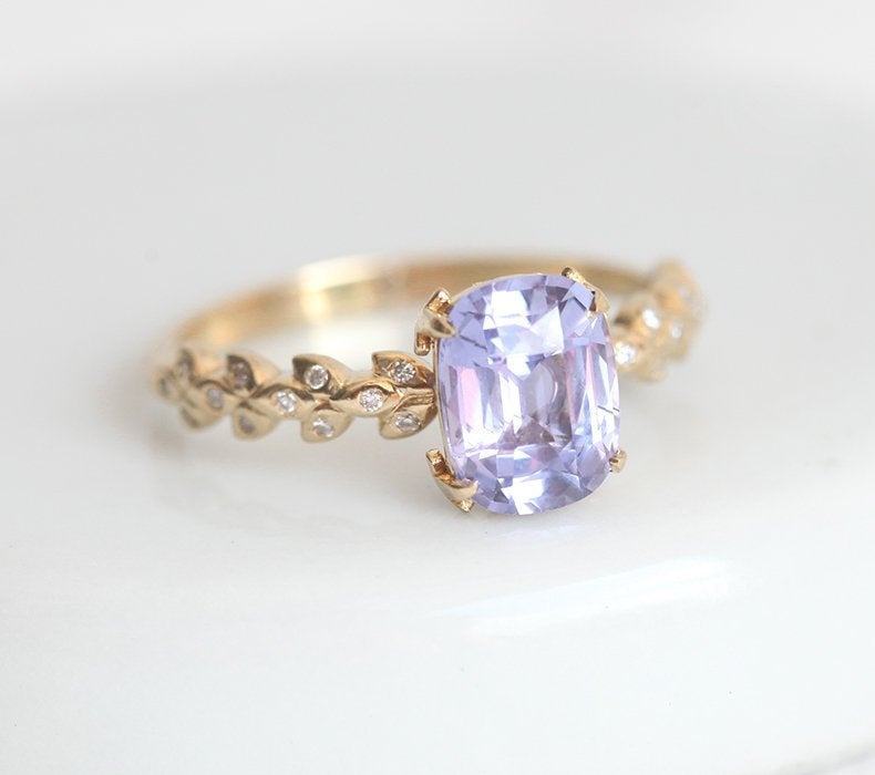 Cushion-cut lavender sapphire ring with side diamonds