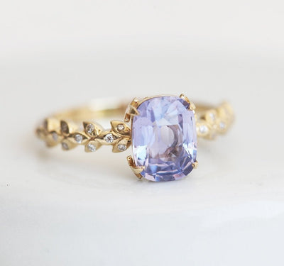 Cushion-cut lavender sapphire ring with side diamonds