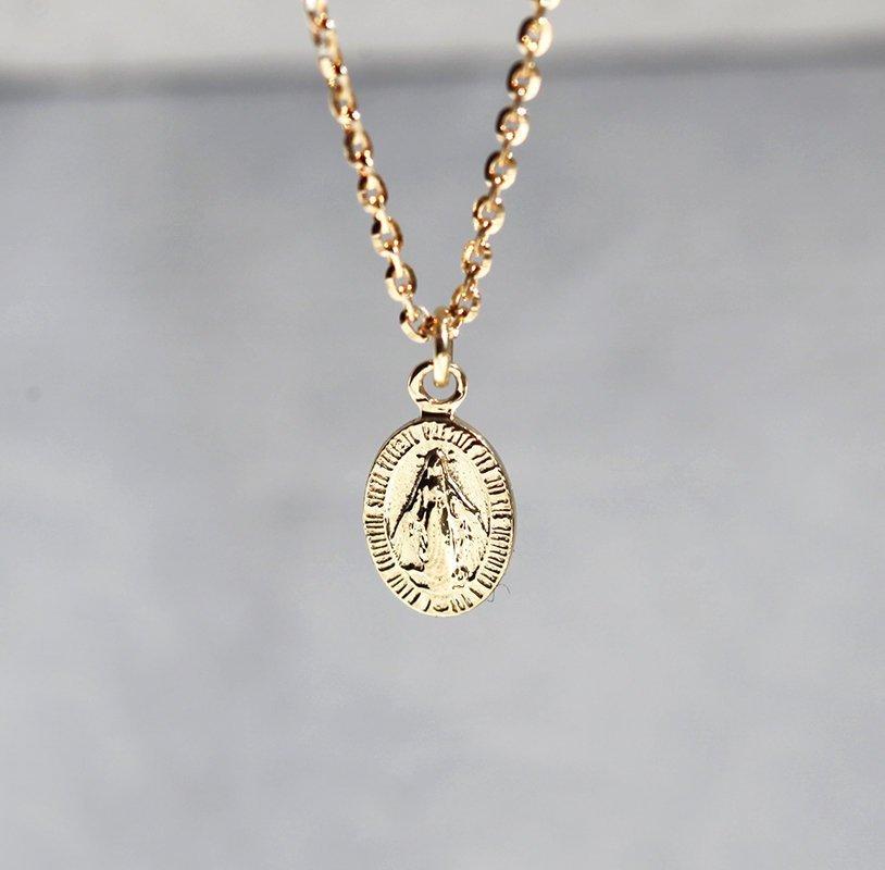 Gold virgin Mary medallion necklace