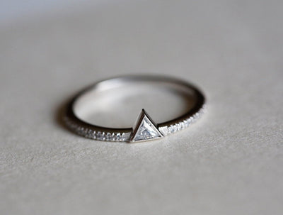 Triangle Cut White Diamond Ring with Eternity Diamond Pave Band