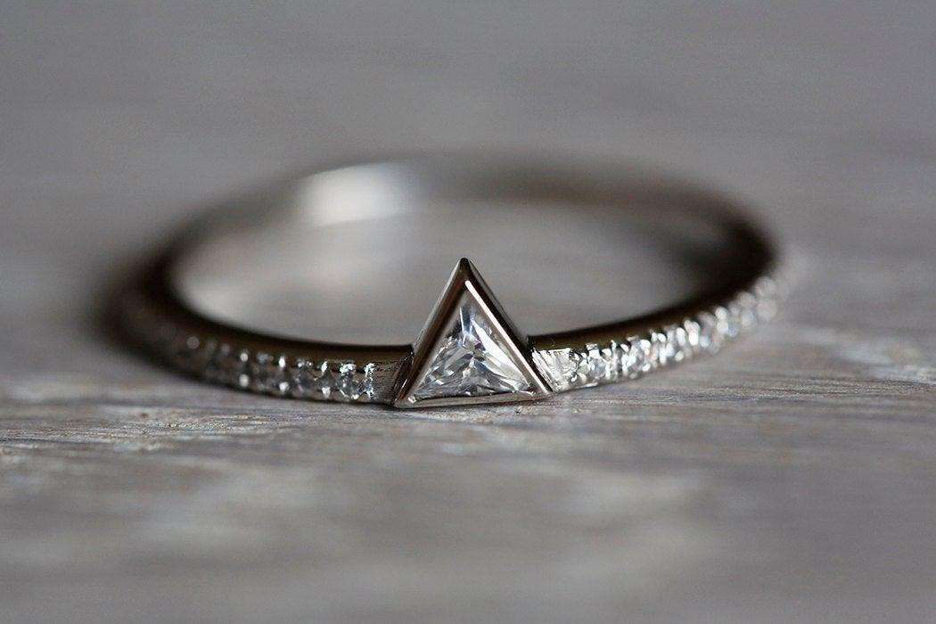 Triangle Cut White Diamond Ring with Eternity Diamond Pave Band