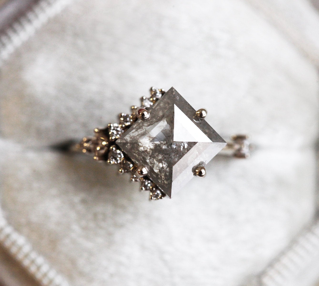 Square Salt & Pepper Diamond Ring with Side White Diamonds