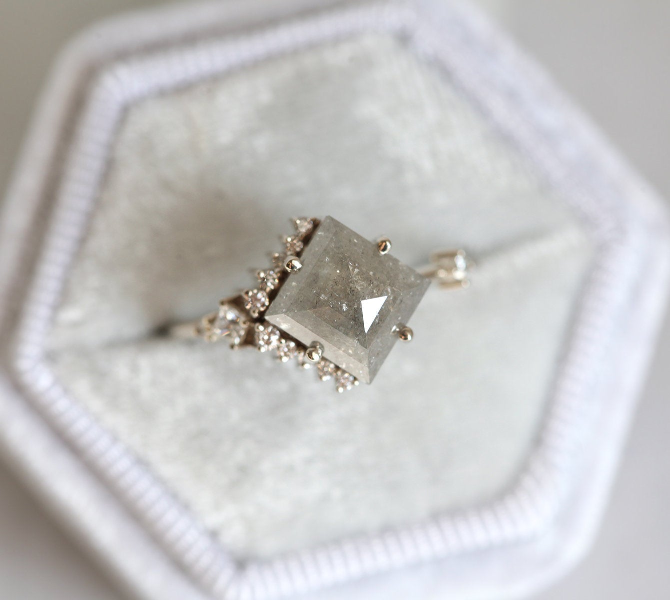 Square Salt & Pepper Diamond Ring with Side White Diamonds