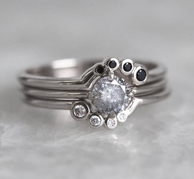 Round Salt & Pepper Diamond, Platinum Ring with Black and White Side Diamonds