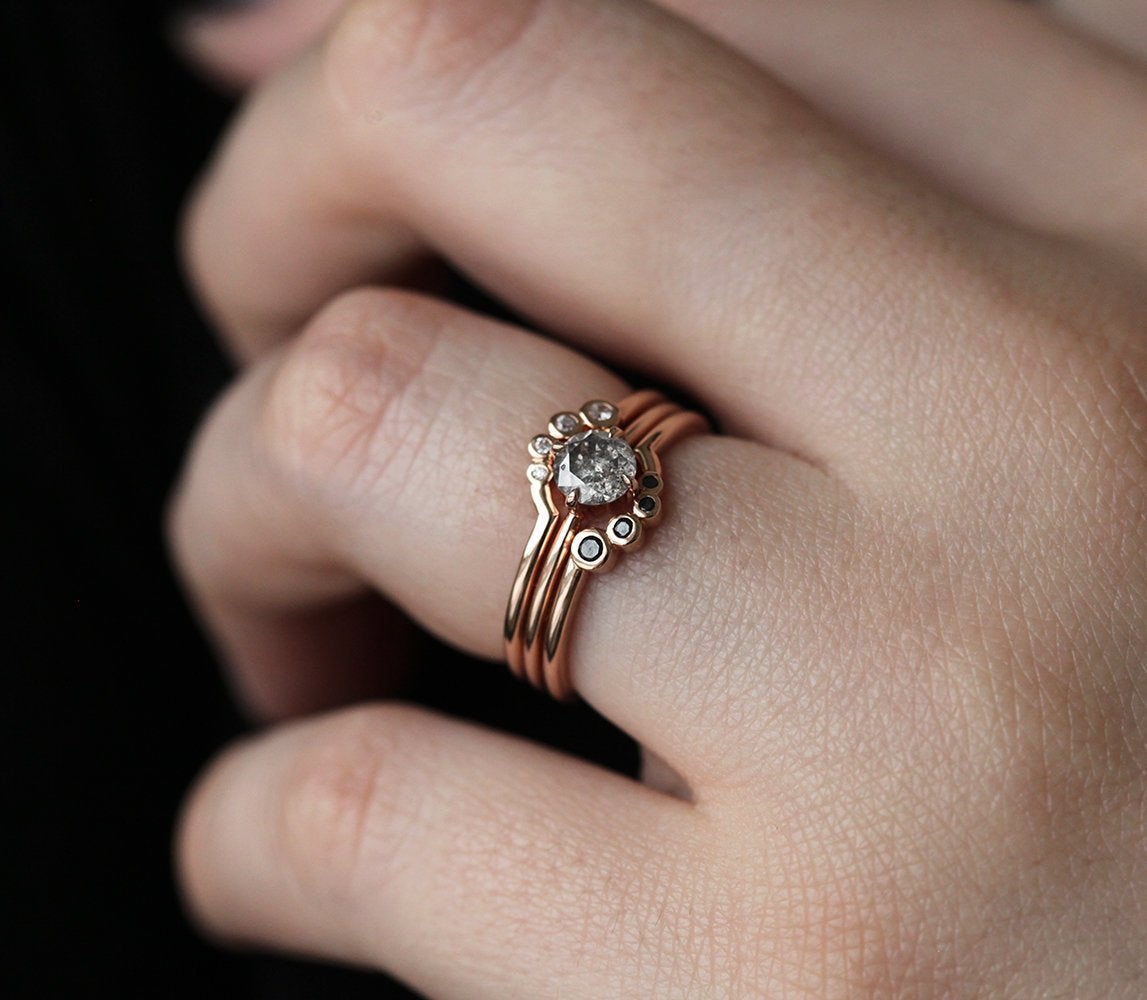 Round Salt & Pepper Diamond Ring with Black and White Side Diamonds