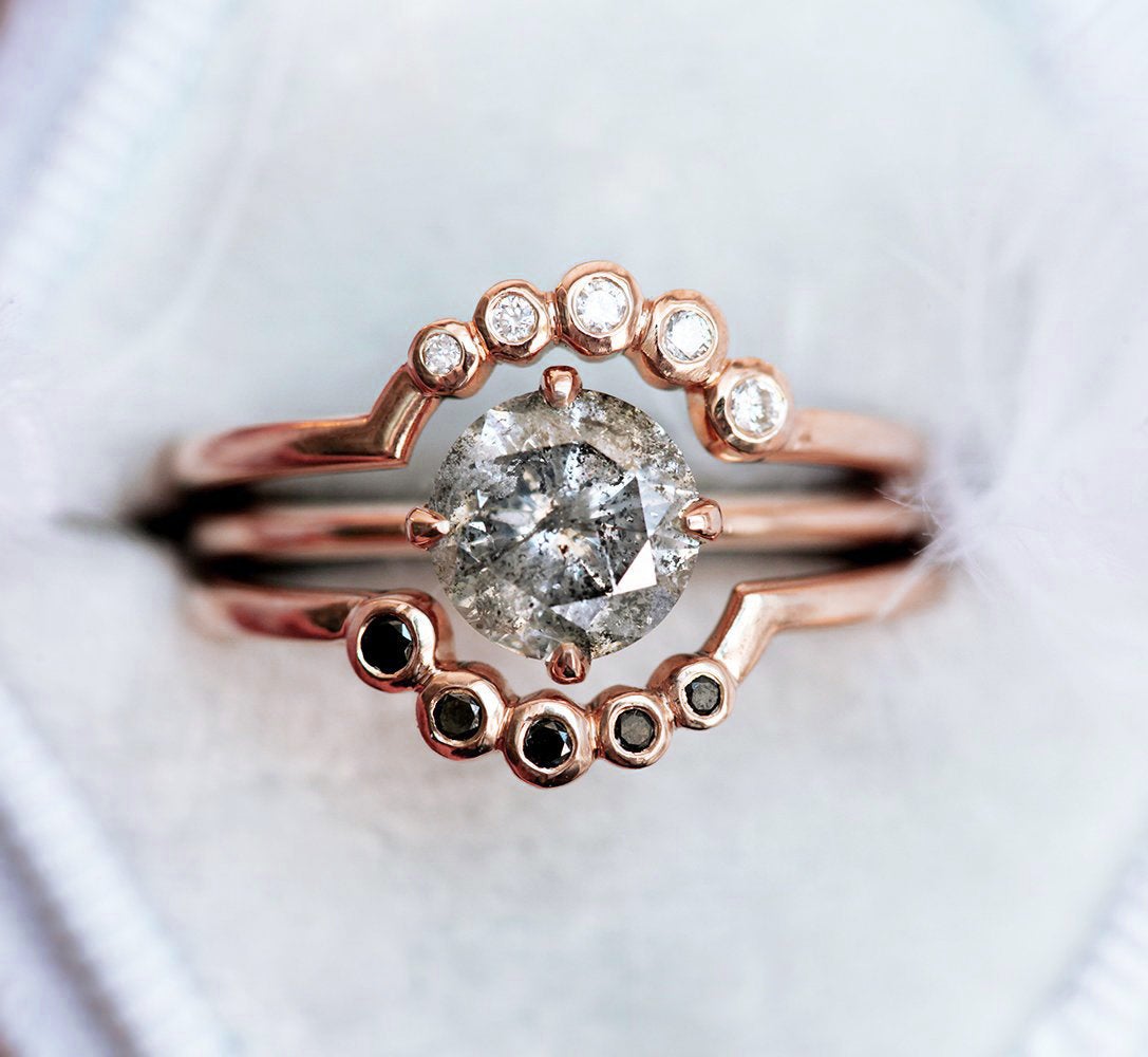 Round Salt & Pepper Diamond, Rose Gold Ring with Black and White Side Diamonds