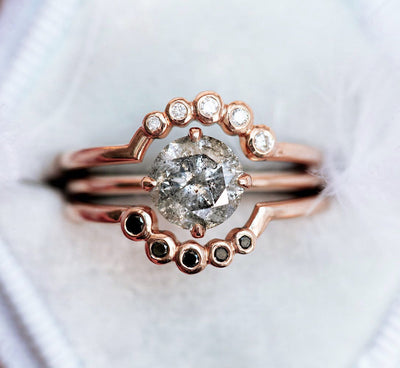 Round Salt & Pepper Diamond, Rose Gold Ring with Black and White Side Diamonds