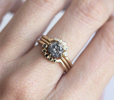 Round Salt & Pepper Diamond Ring with Black and White Side Diamonds