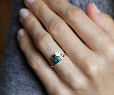 Half moon black opal gold ring