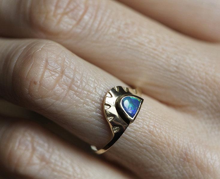 Half moon black opal gold ring