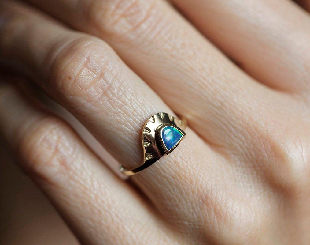 Half moon black opal gold ring