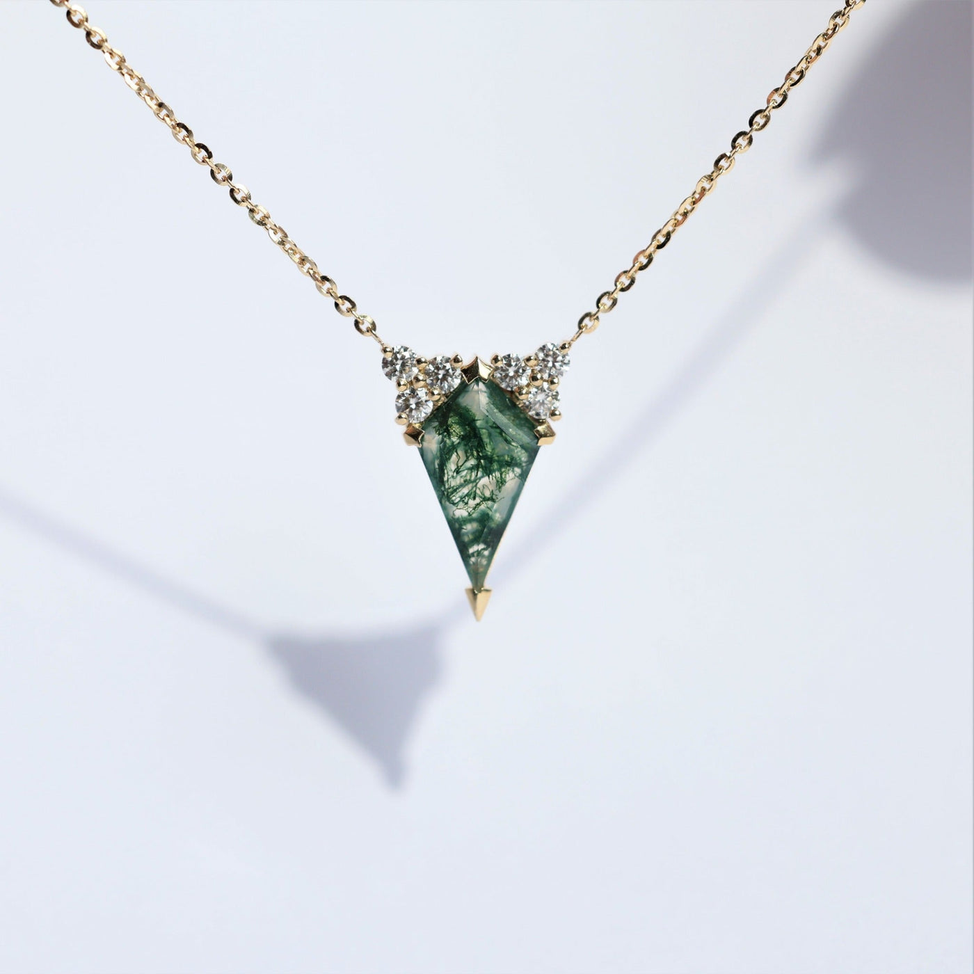 Kite-shaped green dawn moss agate and diamond gold necklace