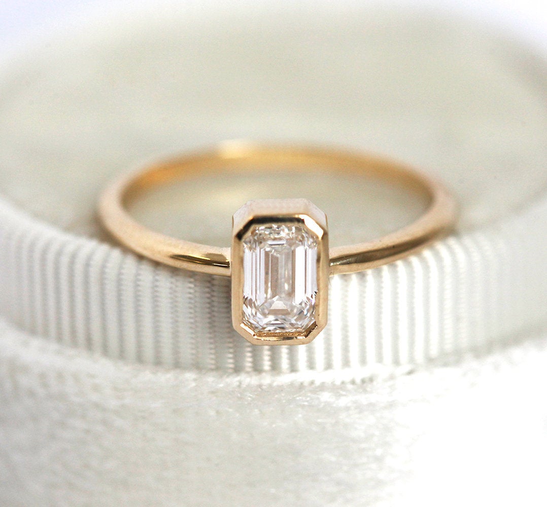 Emerald-Cut White Diamond Solitaire Gold Ring