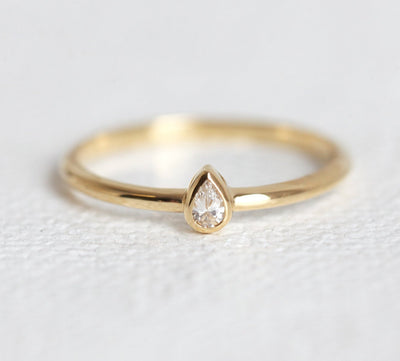 Simple Pear Cut White Diamond Solitaire Gold Ring