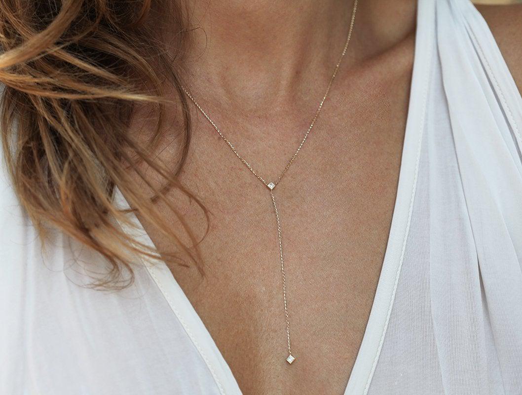 Delicate Princess-Cut Diamond Lariat Necklace – Capucinne