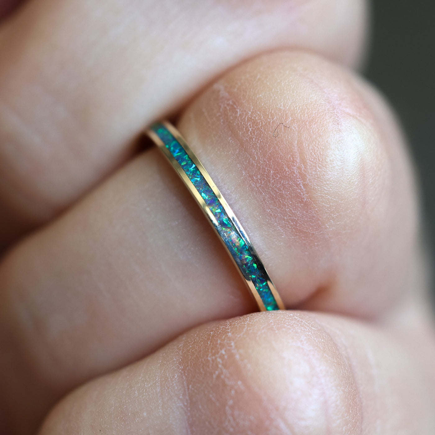 Delicate lab opal inlay ring