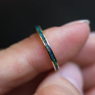 Delicate lab opal inlay ring