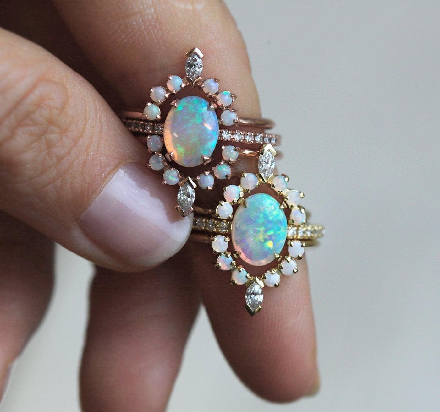 Solitaire Oval Opal Ring with Decorating Complementary Opal Rings