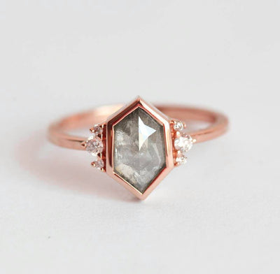 Hexagon Salt & Pepper Diamond, Rose Gold Ring with Round White Side Diamonds