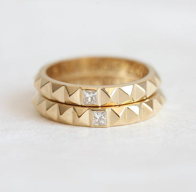 Princess-Cut White Diamond Unisex Pyramid Textured Ring Set for him and her
