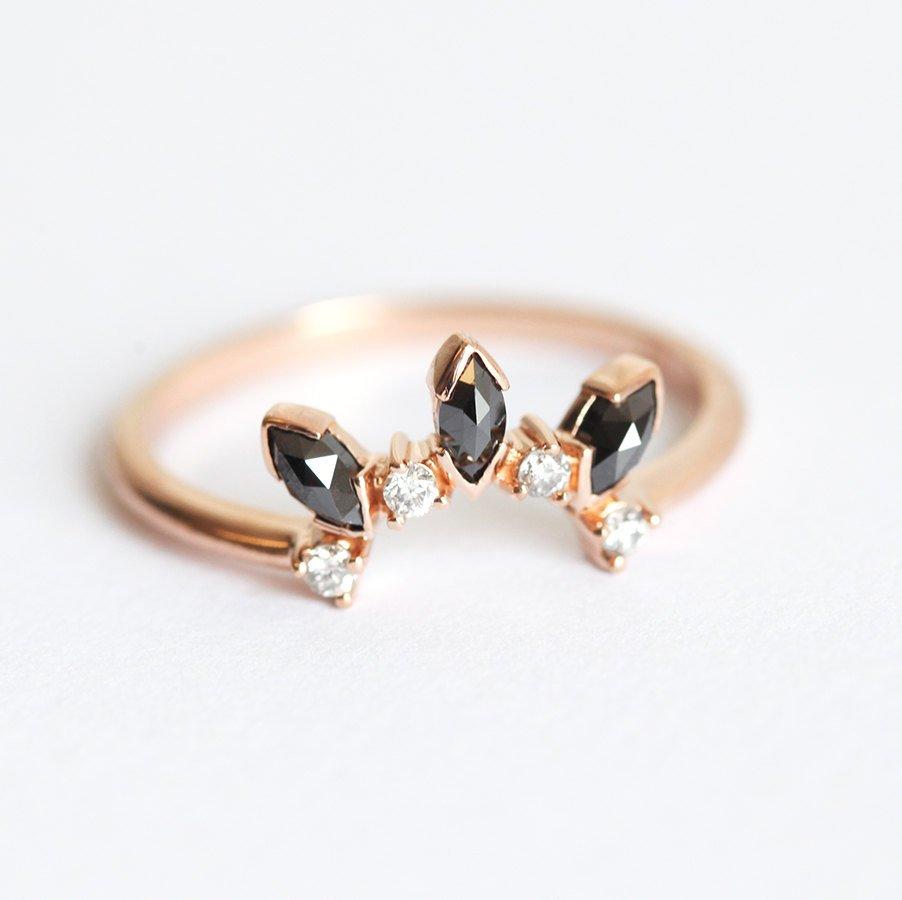 Round White and Marquise-Cut Black Diamond Crown Stacking Ring