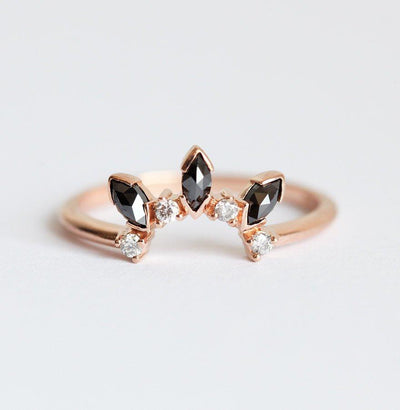 Round White and Marquise-Cut Black Diamond Crown Stacking Ring