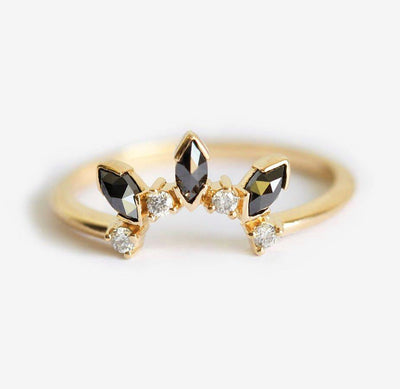 Round White and Marquise-Cut Black Diamond Crown Stacking Ring