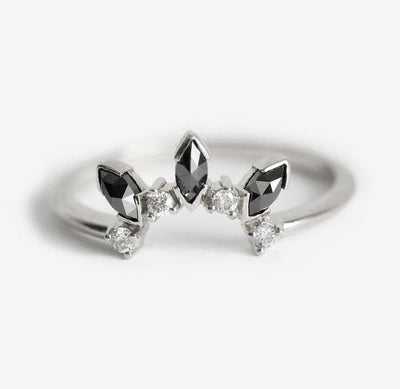 Round White and Marquise-Cut Black Diamond Crown Stacking Ring