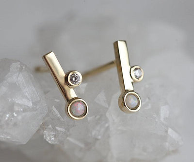 Round white opal gold stud earrings with white diamonds