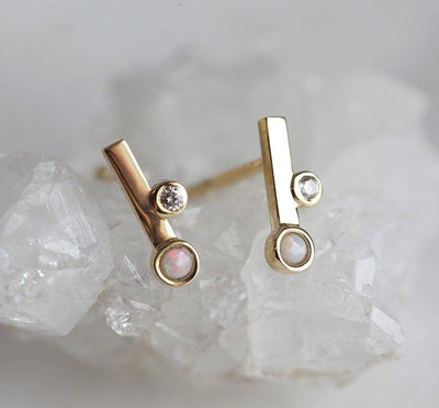 Round white opal gold stud earrings with white diamonds