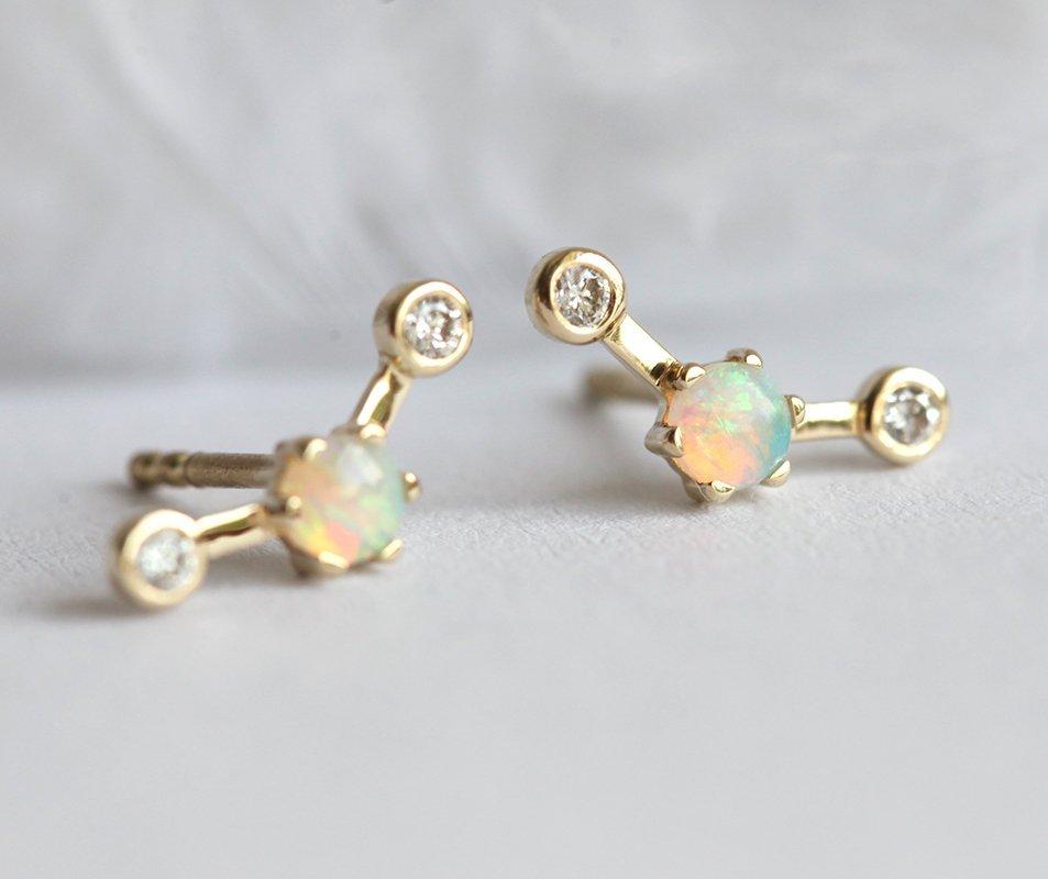 Round opal gold stud earrings with white diamonds